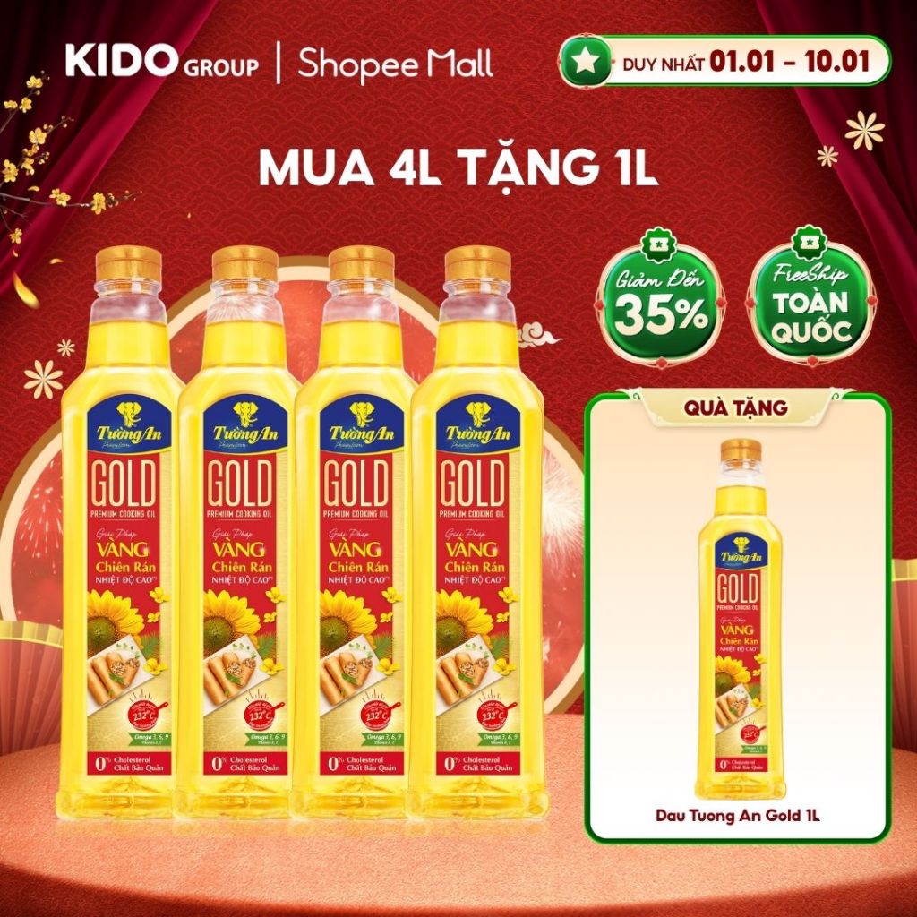 [TẶNG 1 CHAI 1L] Combo 4 Chai Dầu Ăn Thượng Hạng Tường An Gold 1L
