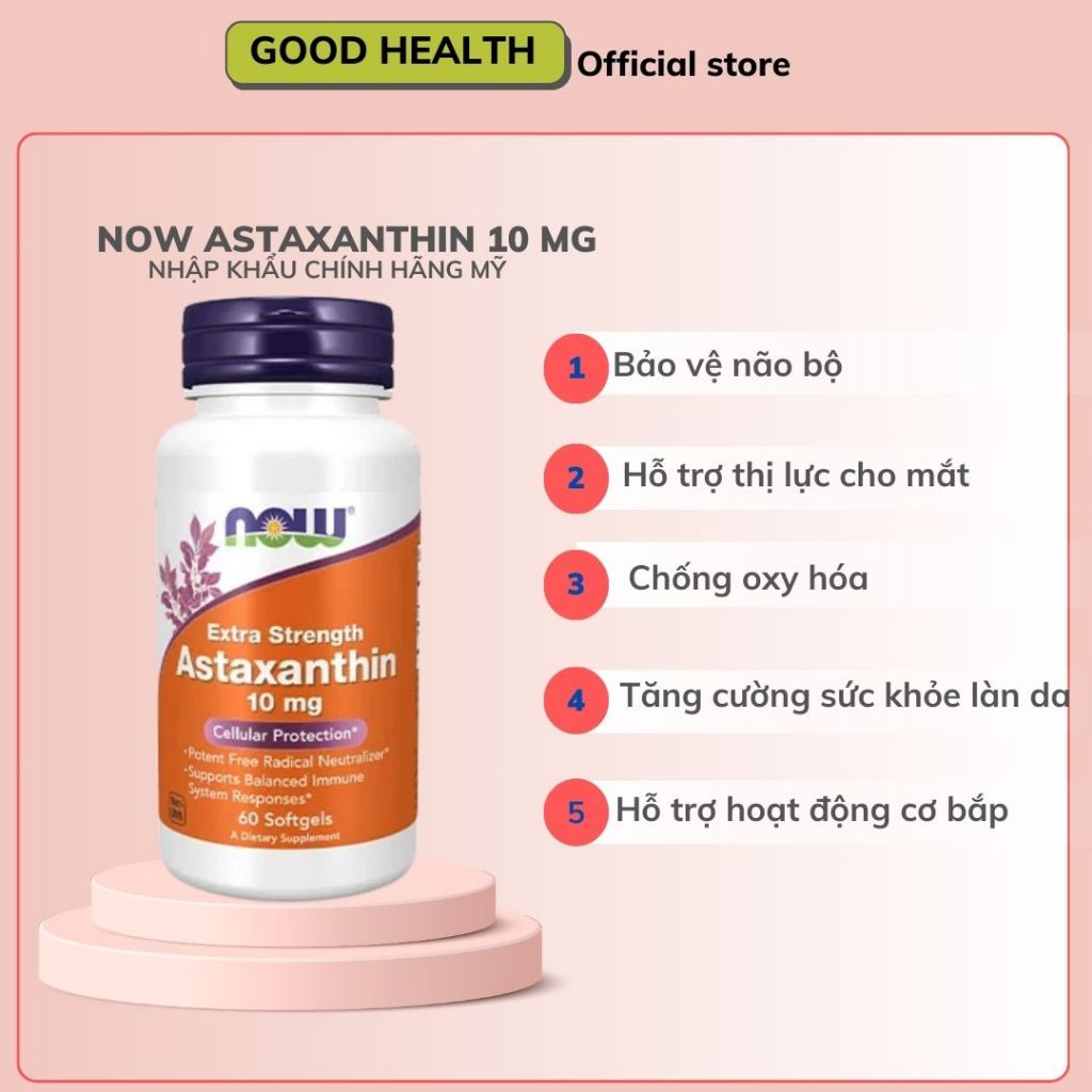 NOW Astaxanthin 10mg - Viên uống hỗ trợ chống oxy hóa, bảo vệ tim mạch, hỗ trợ hệ miễn dịch khỏe mạn