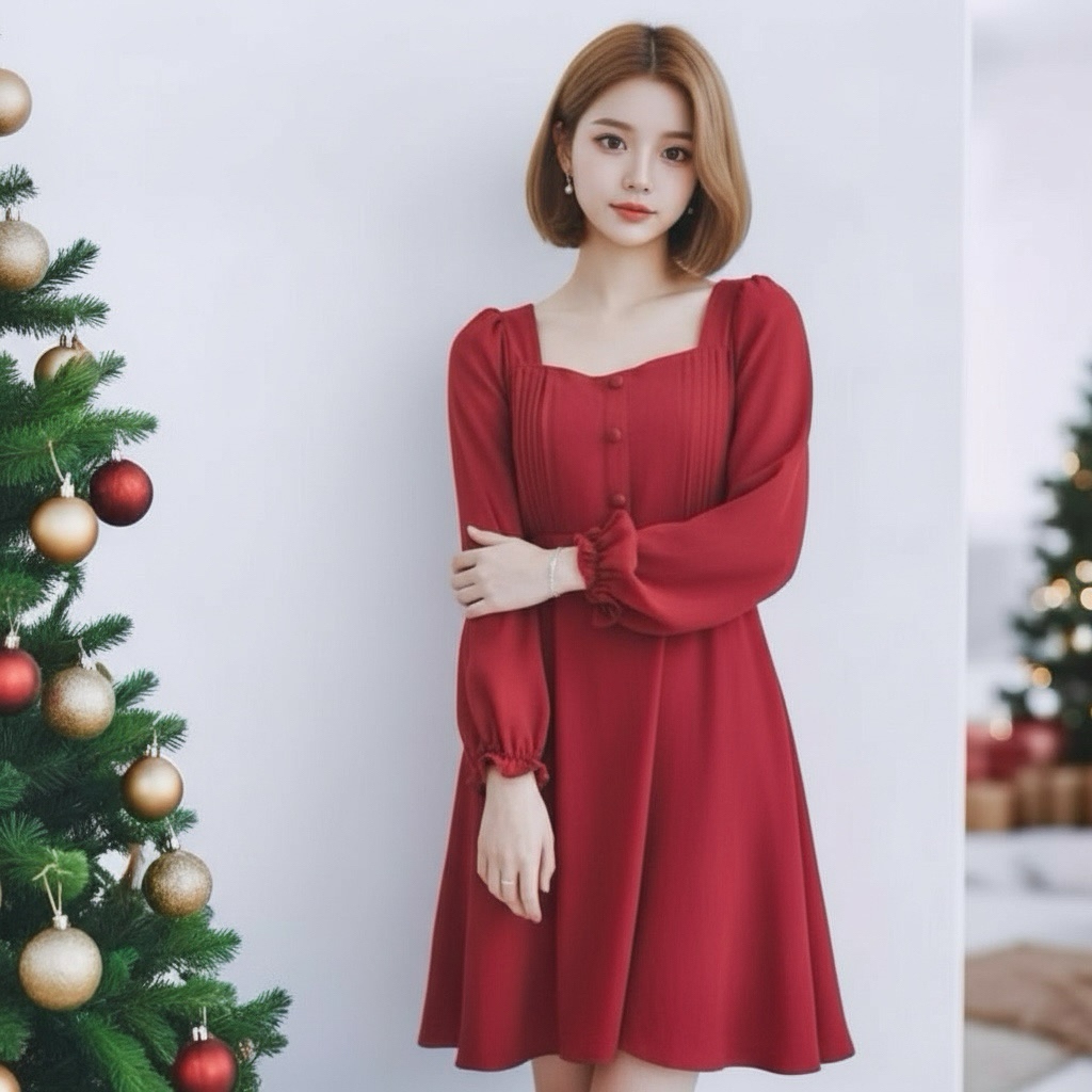 Đầm noel váy tết, váy dự tiệc màu đỏ tay dài nút bọc (kèm hình thật)