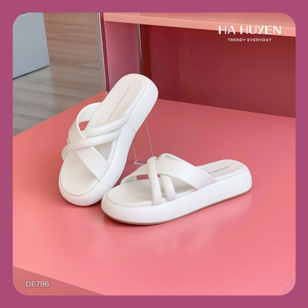 Dép bánh mì nữ HÀ HUYỀN, dép đi biển màu kem quai chéo đế 3cm - DE796