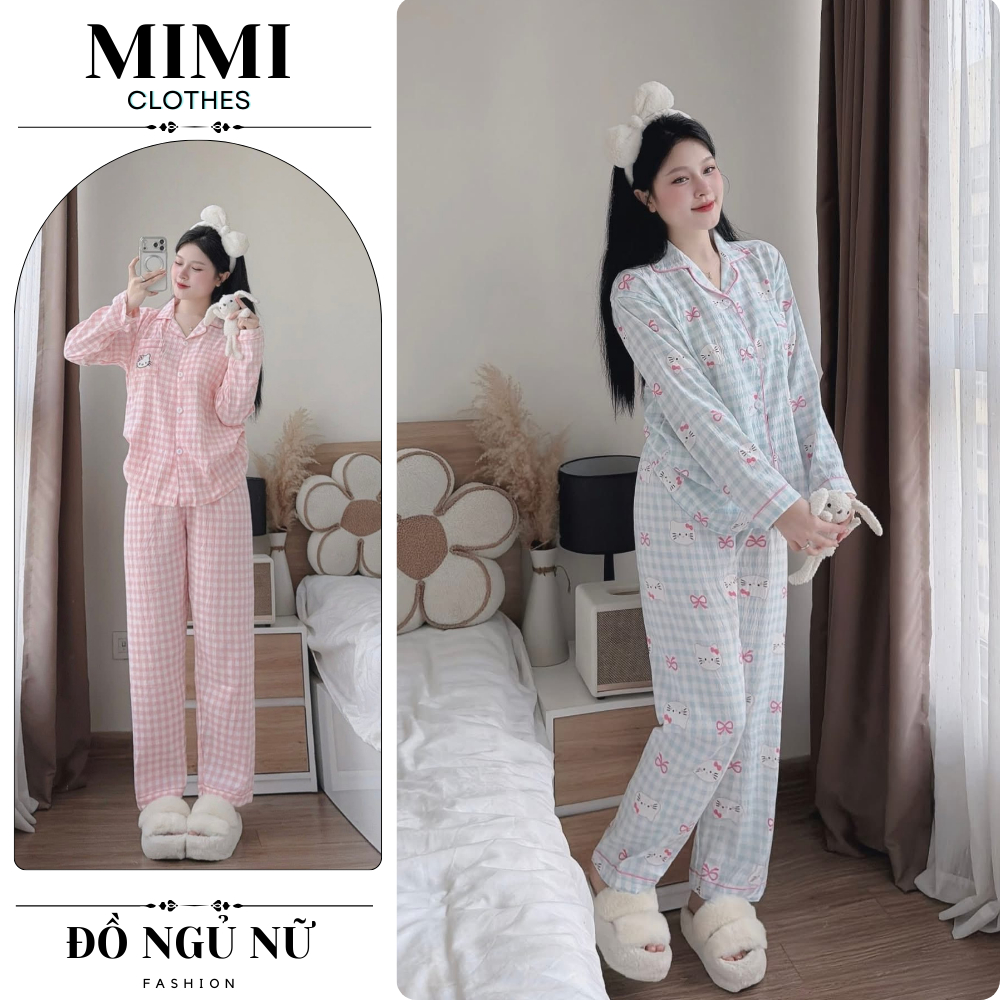 Bộ pijama nữ tay dài họa tiết cute, set đồ ngủ nữ quần dài form rộng vải cotton mềm mịn thoáng mát H