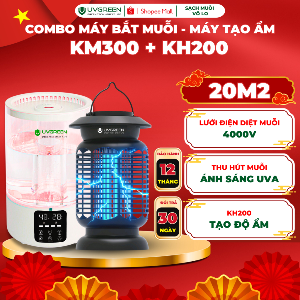 Combo Máy Phun Sương Tạo Ẩm KH200 & Đèn Bắt Muỗi Thông Minh KM300, Công Nghệ UV, Xông Tinh Dầu, Bù Ẩ