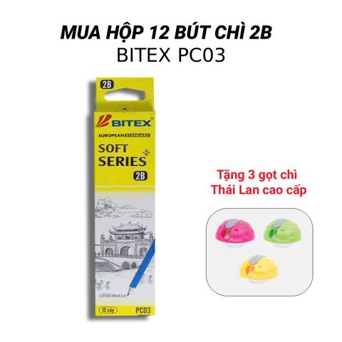 [TẶNG 3 GỌT CHÌ THÁI LAN] HỘP 12 Bút Chì Gỗ 2B Bitex Soft Series Plus PC03 - EN71-3