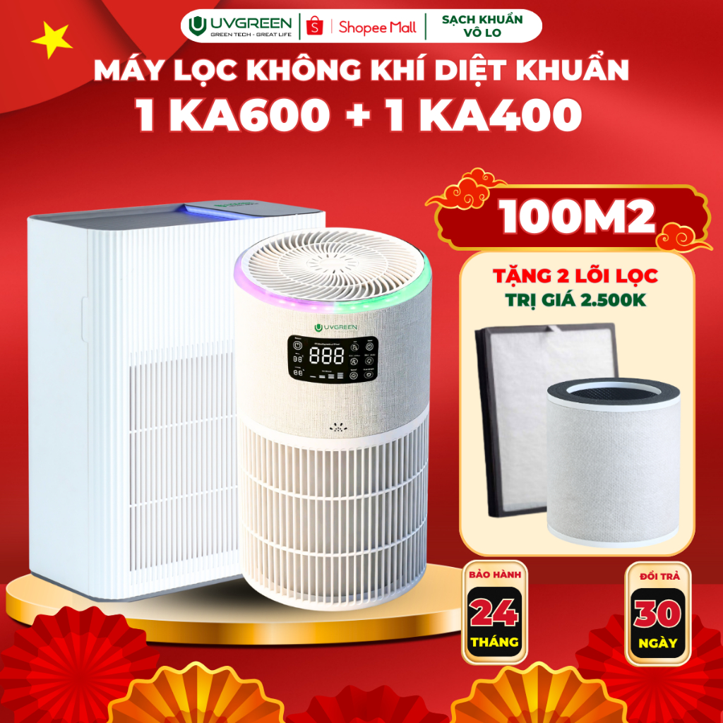 [UVG] [TẶNG 2 LỌC] Combo 2 Máy Lọc Không Khí UVGREEN KA600 Và KA400, UVC LED & Ion Âm Diệt Khuẩn,Lọc