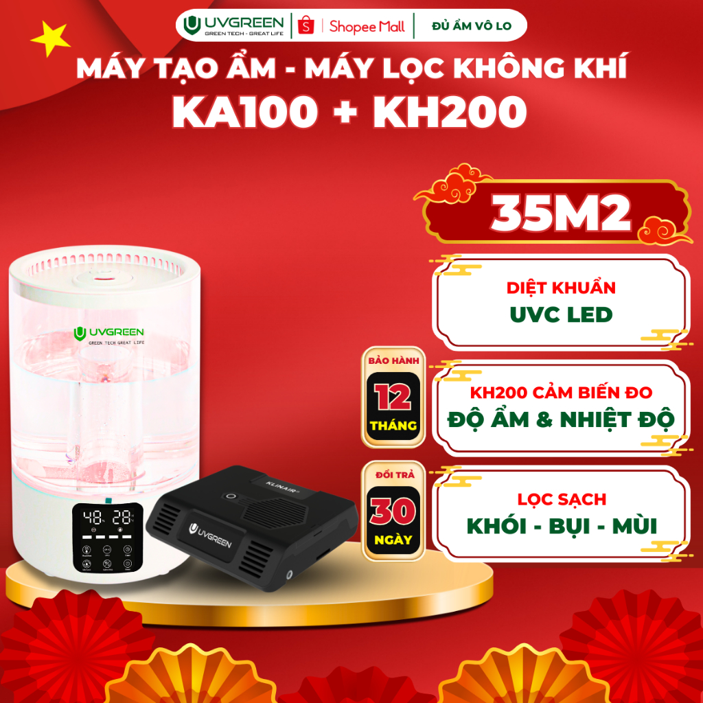 [UVG] Combo Máy Lọc Không Khí Ô Tô UVGREEN KA100 & Máy Tạo Ẩm KH200 UVC LED - Lọc Bụi, Mùi, Khử Khuẩ