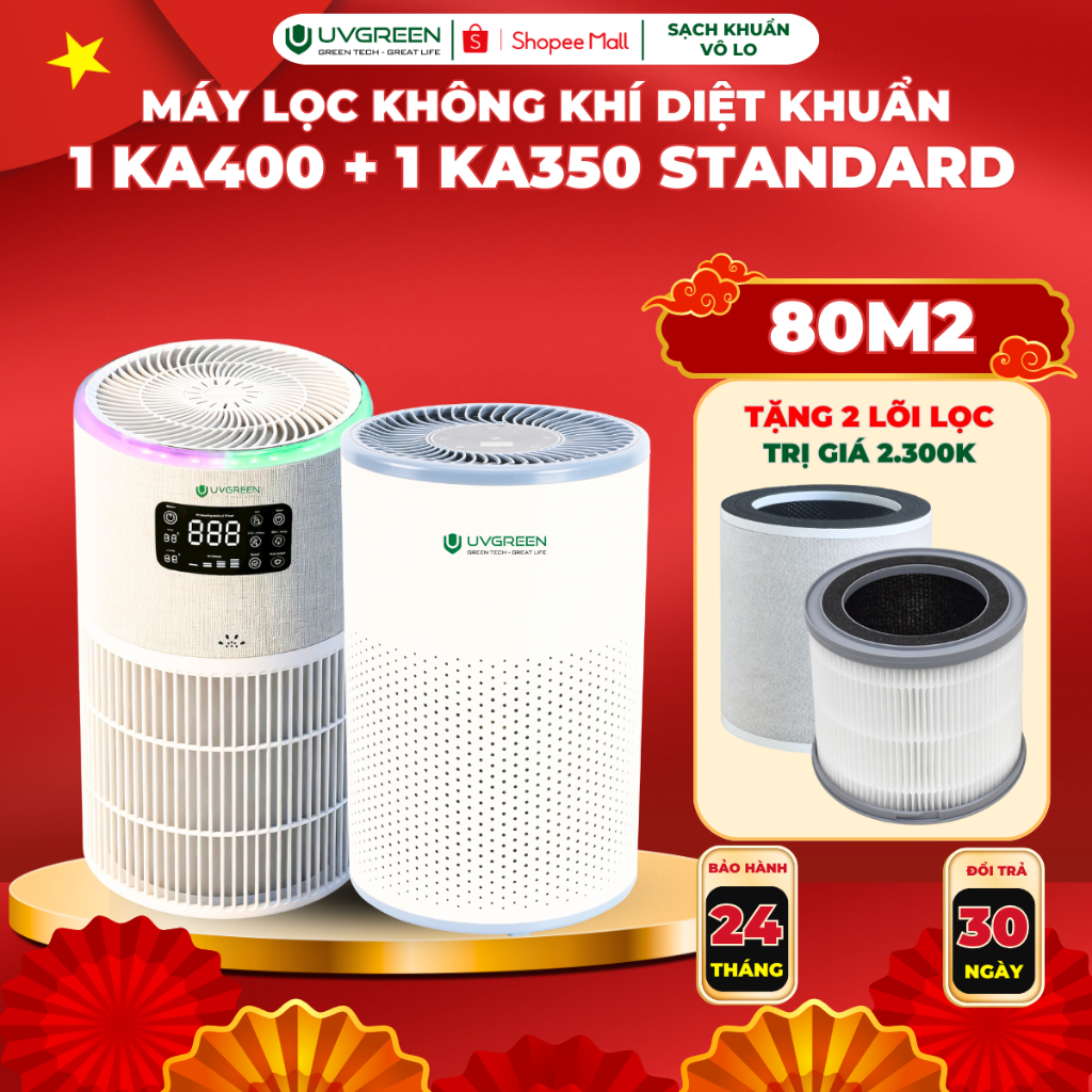 [UVG] [TẶNG 2 LỌC] Combo 2 Máy Lọc Không Khí UVGREEN KA400 Và KA350 Standard, UVC LED & Ion Âm Diệt 