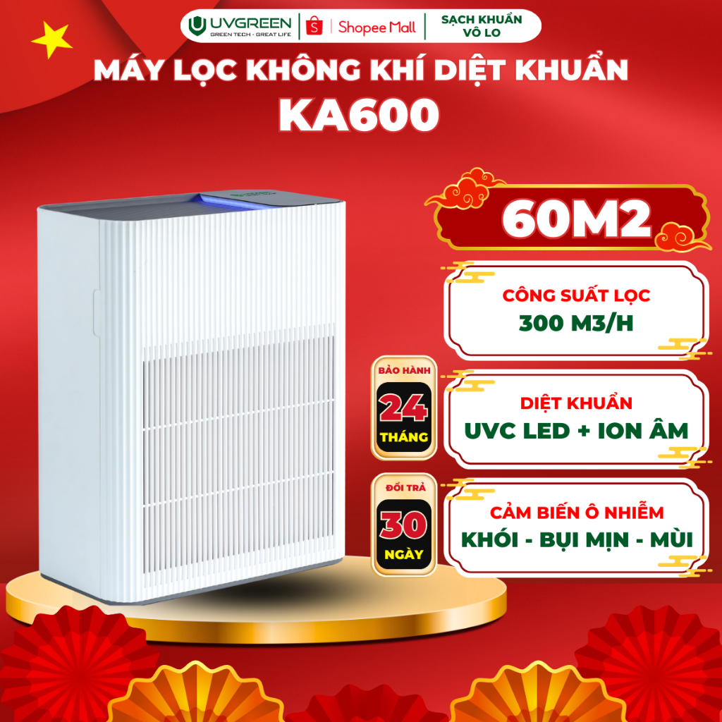 [UVG] Máy Lọc Không Khí Diệt Khuẩn UVGREEN KA600 60m2, Công Nghệ UVC Led Và ION ÂM, Lọc Bụi Mịn