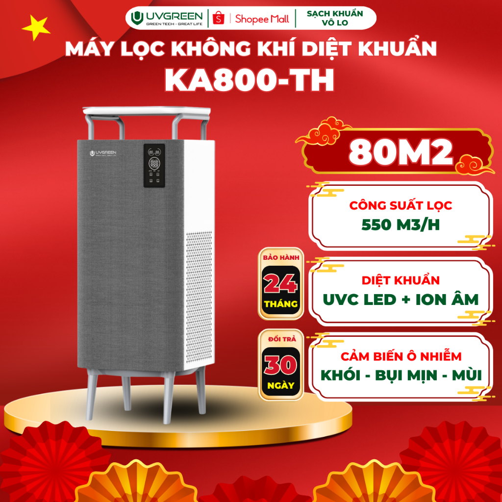 [UVG] Máy Lọc Không Khí Diệt Khuẩn UVGREEN KA800 80m2 - Công Nghệ Ion Âm Và UVC Led Lọc Bụi Mịn, Mùi