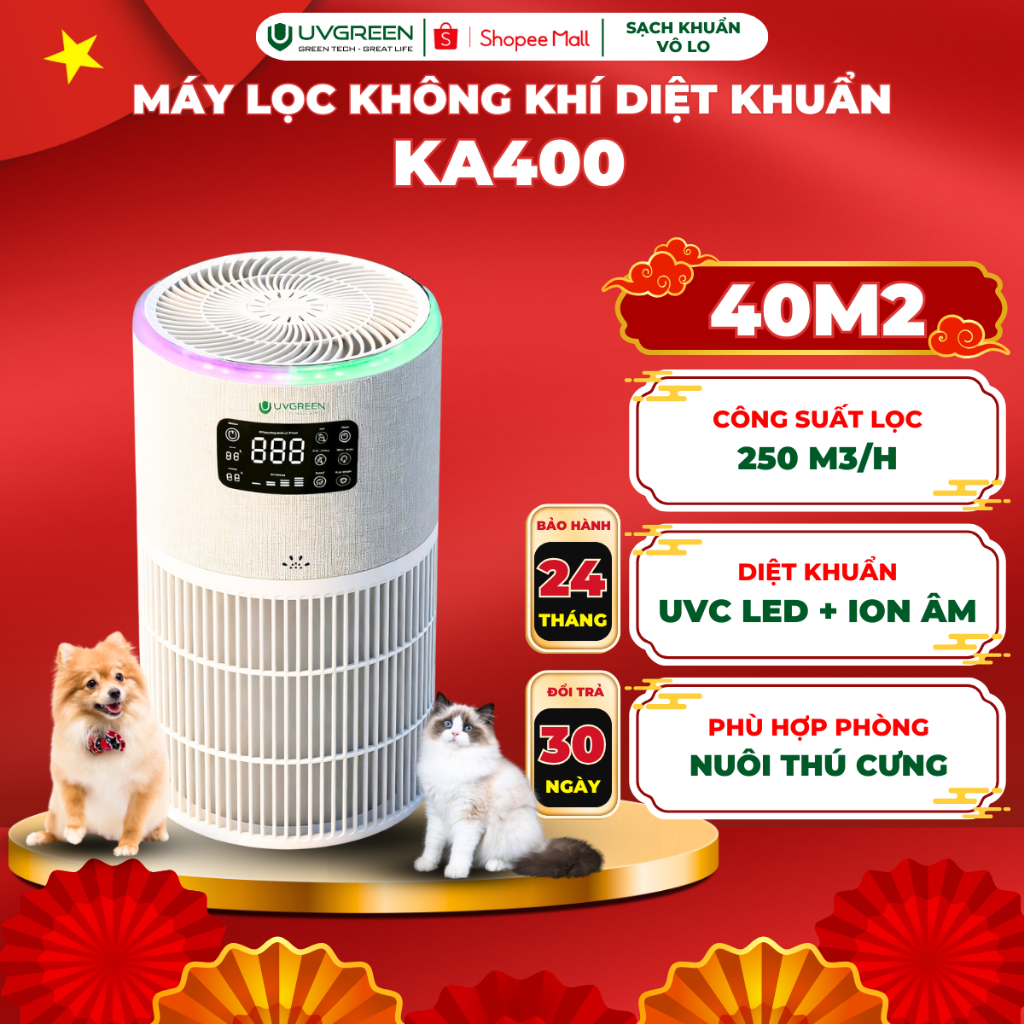 [UVG] Máy Lọc Không Khí Diệt Khuẩn UVGREEN KA400 40m2-UVC LED, Ion Âm, Tinh Dầu, HEPA H13 Bụi Mịn, M