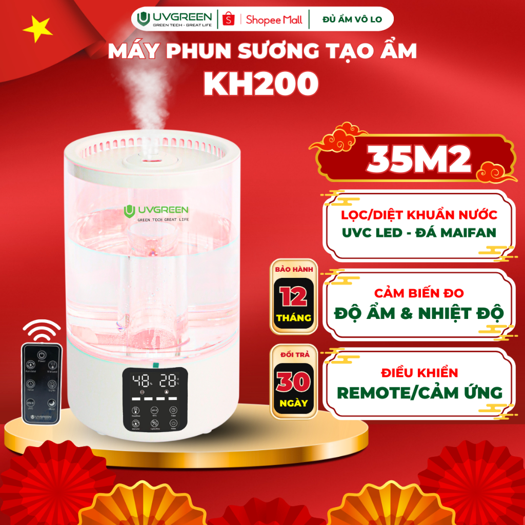 [UVG] Máy Phun Sương Tạo Ẩm Không Khí UVGREEN KH200, 5L, Phun Sương Mịn, UVC Diệt Khuẩn, Xông Tinh D