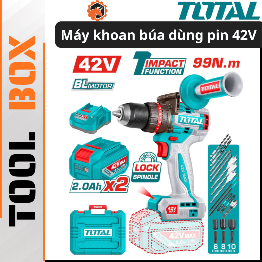 Máy Khoan Búa Pin 42V TOTAL TIDLI429982 - Motor Không Chổi Than 99Nm Đầu 13mm Kèm 2 Pin & Phụ Kiện