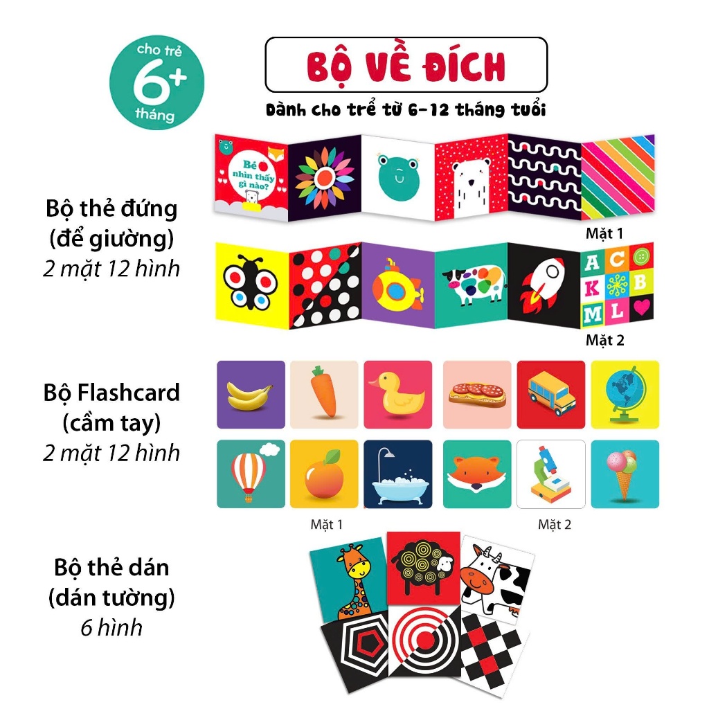 Combo thẻ kích thích thị giác màu sắc cho bé từ 6-12 tháng Bộ về đích