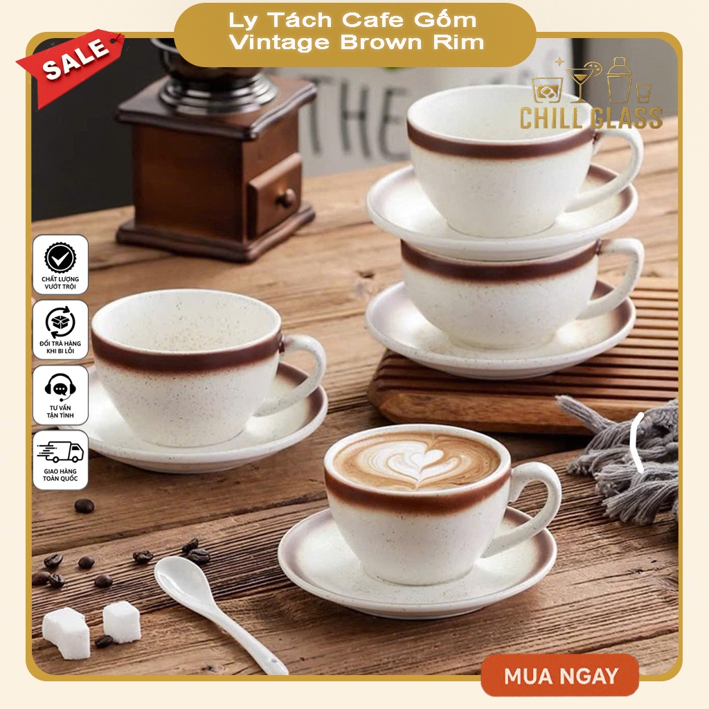 Ly Tách Cafe Gốm Vintage Brown Rim Đủ Size -Tách Cappuccino Gốm Viền Nâu Phong Cách Âu