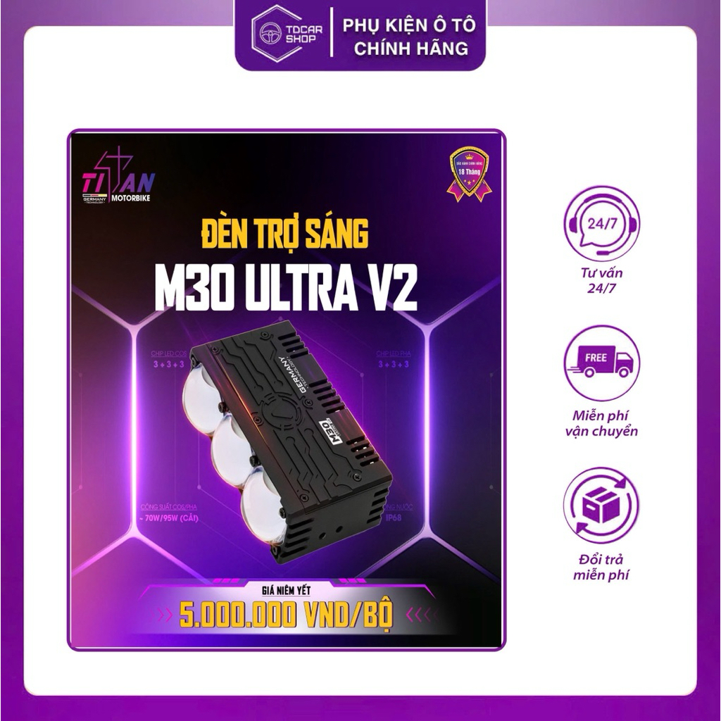 Đèn Led Trợ Sáng Titan M30 Ultra V2,Phiên Bản 2026,Công Suất 70/95W, Bảo Hành 18 Tháng