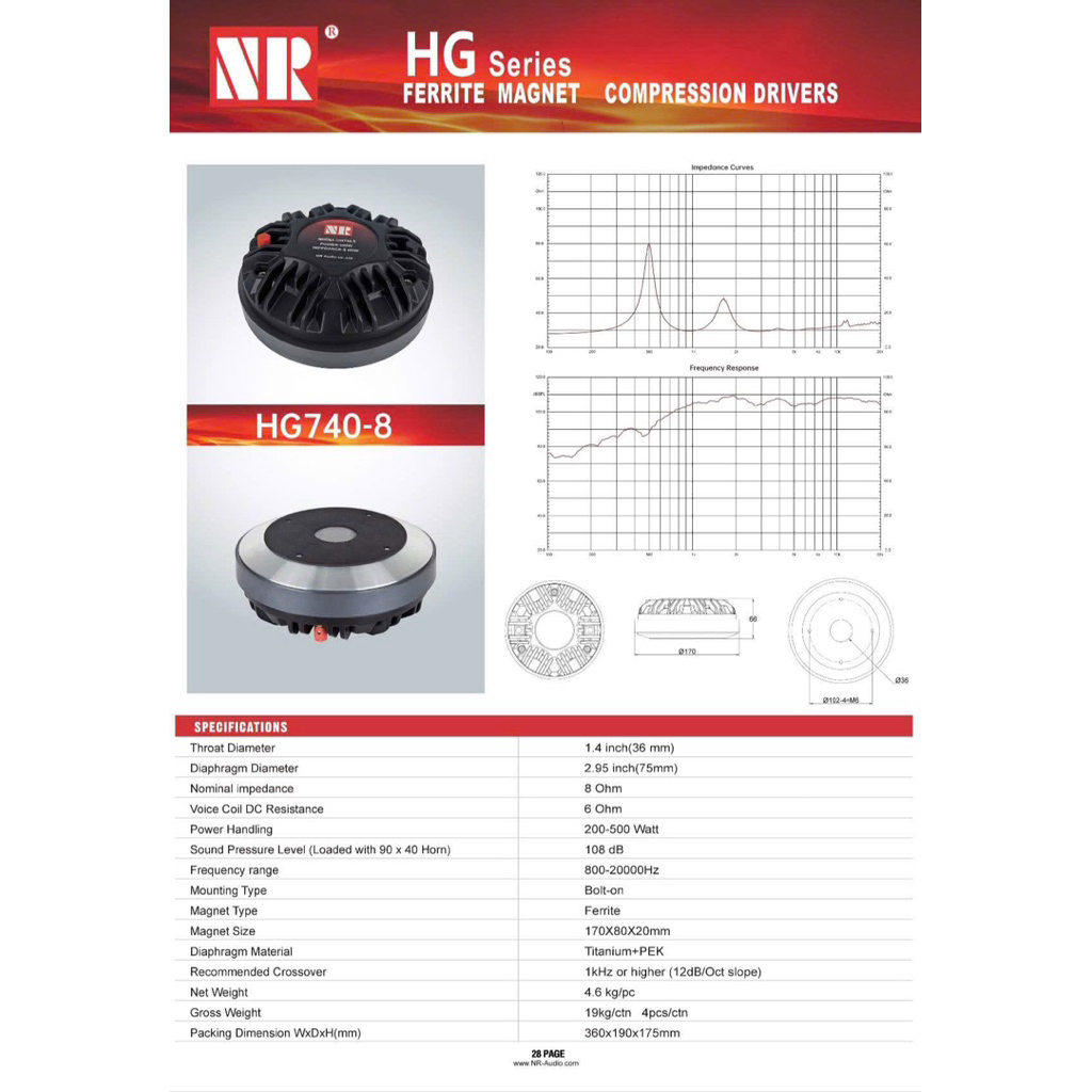 Loa Treble 750 NR, Model: HG740-8, từ 170 coil 75 dẹt, nắp nhôm, ren bắt ốc (1 cái)