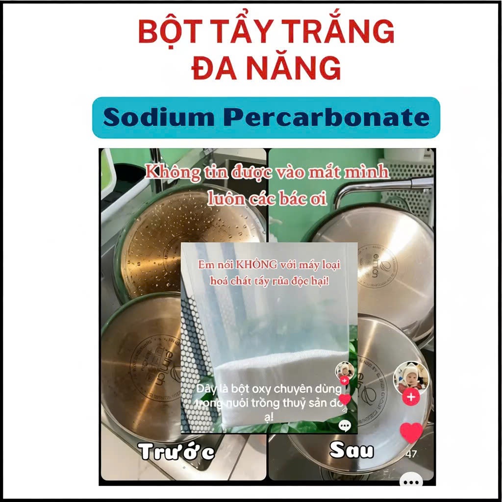 Bột Oxy - Sodium percarbonate - chất tẩy rửa đa năng - làm sạch vết ố bề mặt vải, kim loại, nhựa
