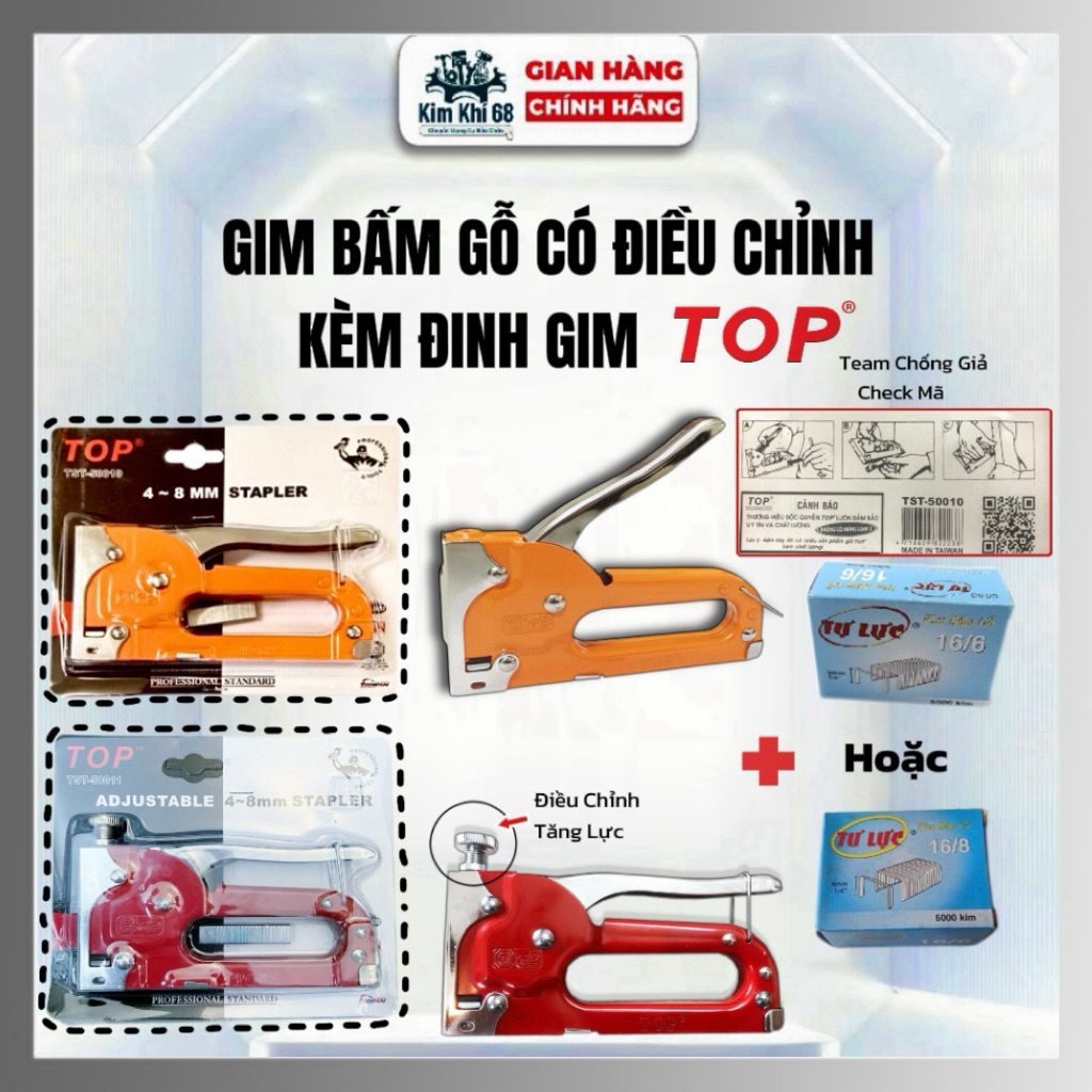 Gim Bấm Gỗ TOP Chính Hãng Có Điều chỉnh tăng lực(Kèm Đinh Gim)