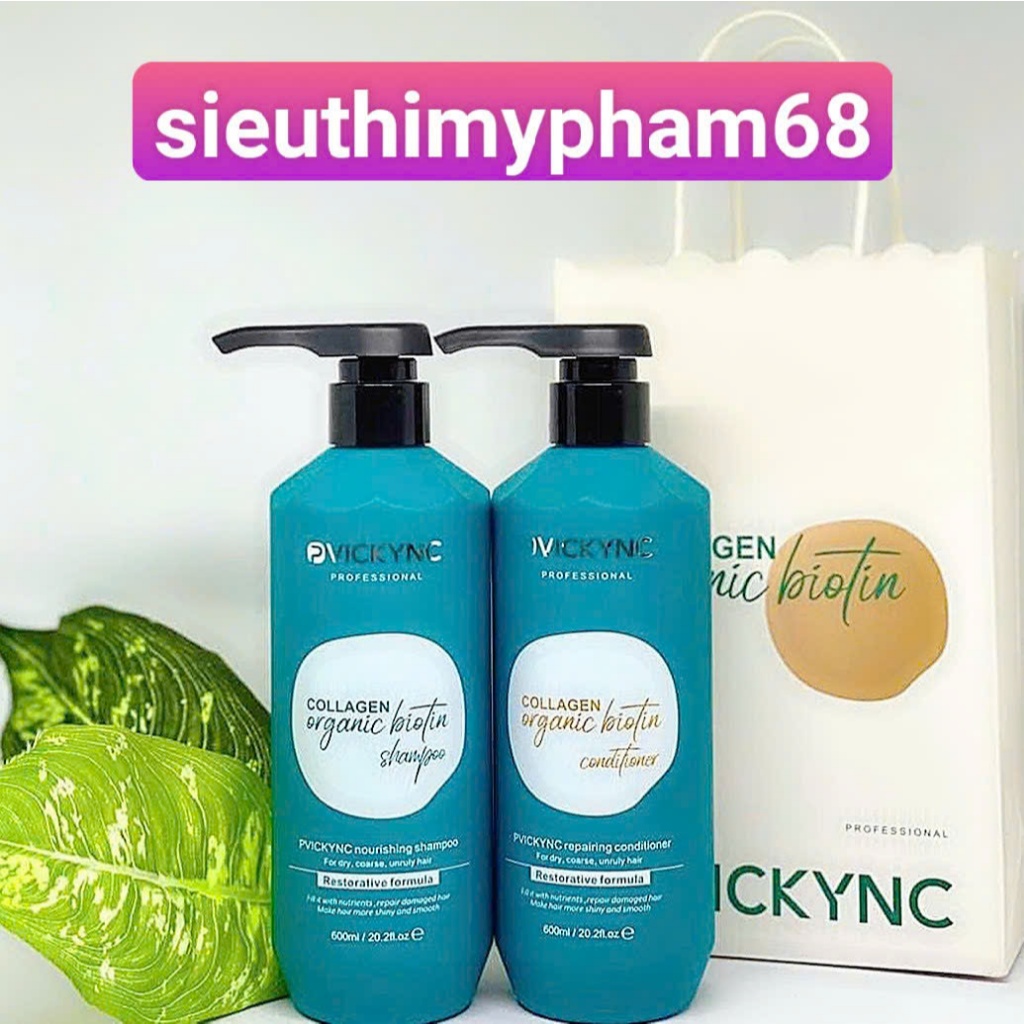 Cặp Dầu Gội Xả PVICKYNC Collagen Organic Biotin, cam kết chính hãng 1000ml/chai