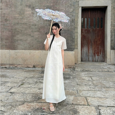 TUBYCATU Set Tuyết An Đầm Lót Thêu Hoa + Đầm Voan Tơ