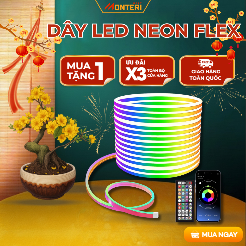 Đèn Neon Flex ARGB Đổi Màu, Dây LED Đuổi Trang Trí Tường, Decor Phòng, trang trí Noel, Tết