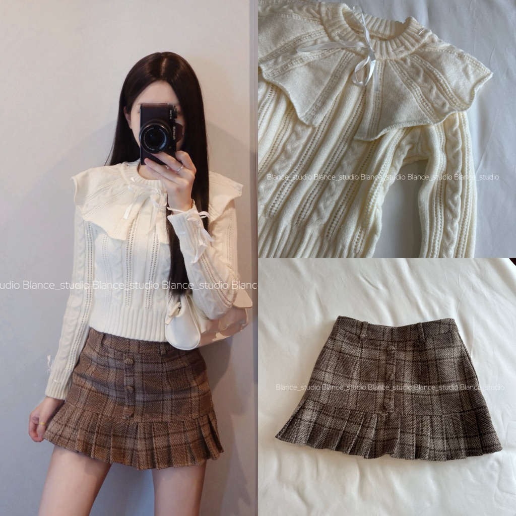 BLANCE STUDIO/ Set áo len cổ xoè và chân váy nâu caro xoè