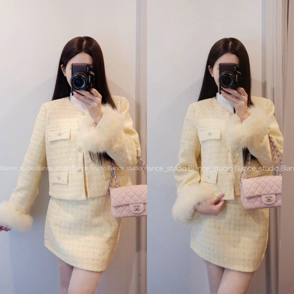 BLANCE STUDIO/ Set dạ kim tuyến qccc lông cổ tay có thể tháo