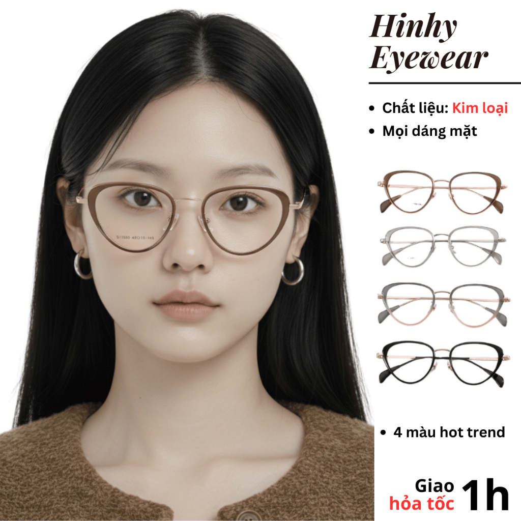 Gọng Kính Cận Nữ Mắt Mèo Kim Loại Bọc Nhựa Cao Cấp Giả Cận Thời Trang Hinhy Eyewear Cá Tính [11930 A