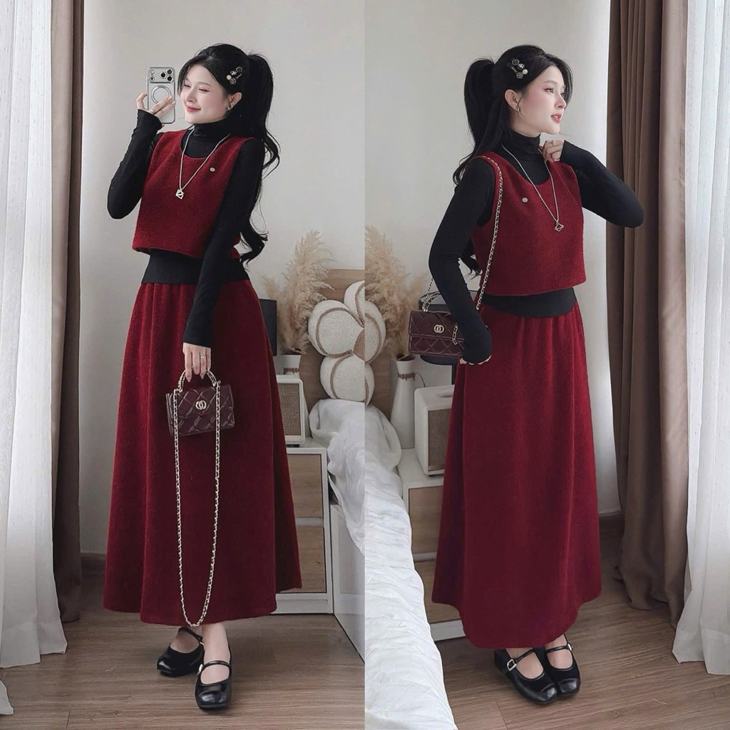 Set 3 món đỏ đô dạ lông đỏ chân váy maxi + áo gile phối áo tăm đen. Set Váy Đỏ Đô Dáng Dài Phối Áo C