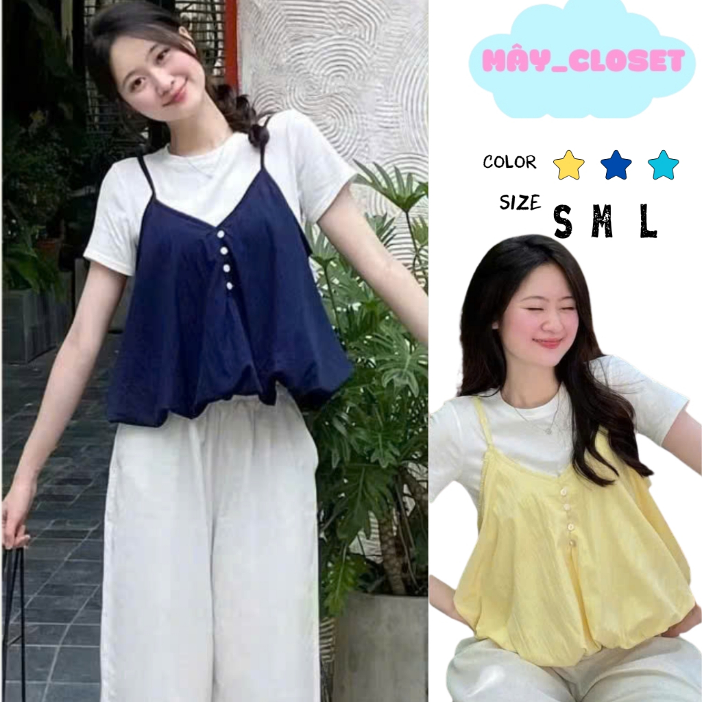 Set Yếm Nữ 2 Dây Dáng Bí Cúc Dọc Kèm Áo Thun Trơn (Có Bán Lẻ Yếm) Mây Closet A18 Thời Trang Nữ