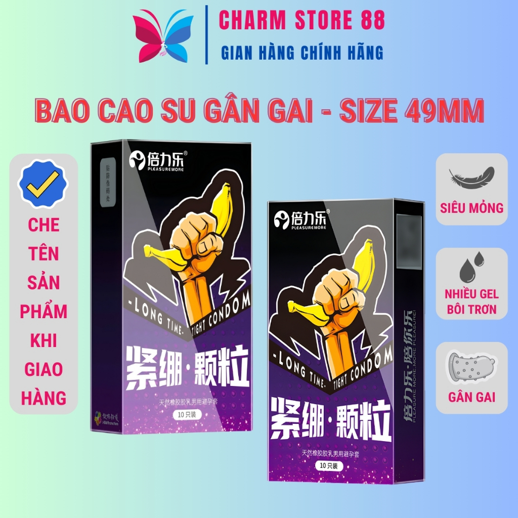 Bao cao su size bé có gai 49mm BANANA Tím hộp 10 cái ôm sát chống tuột kéo dài thời gian
