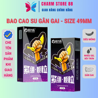 Bao cao su size bé có gai 49mm BANANA Tím hộp 10 cái ôm sát chống tuột kéo dài thời gian