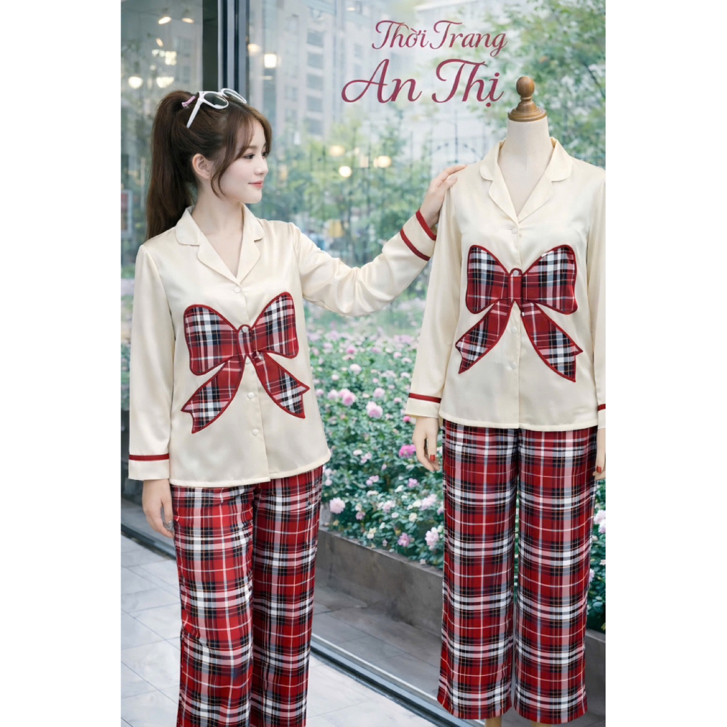 [ Freesize 40-60Kg ] Đồ Bộ Nữ Pizama Tay Dài Truyền Thống