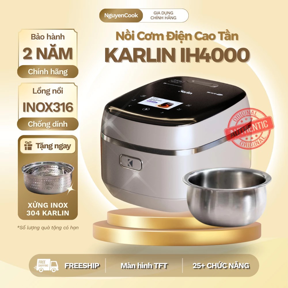 (Chính hãng) Nồi Cơm Điện Cao Tần Karlin IH4000 Pro 1.5L – Lòng Inox316L Vân Lục Giác, 25 Chế Độ, So