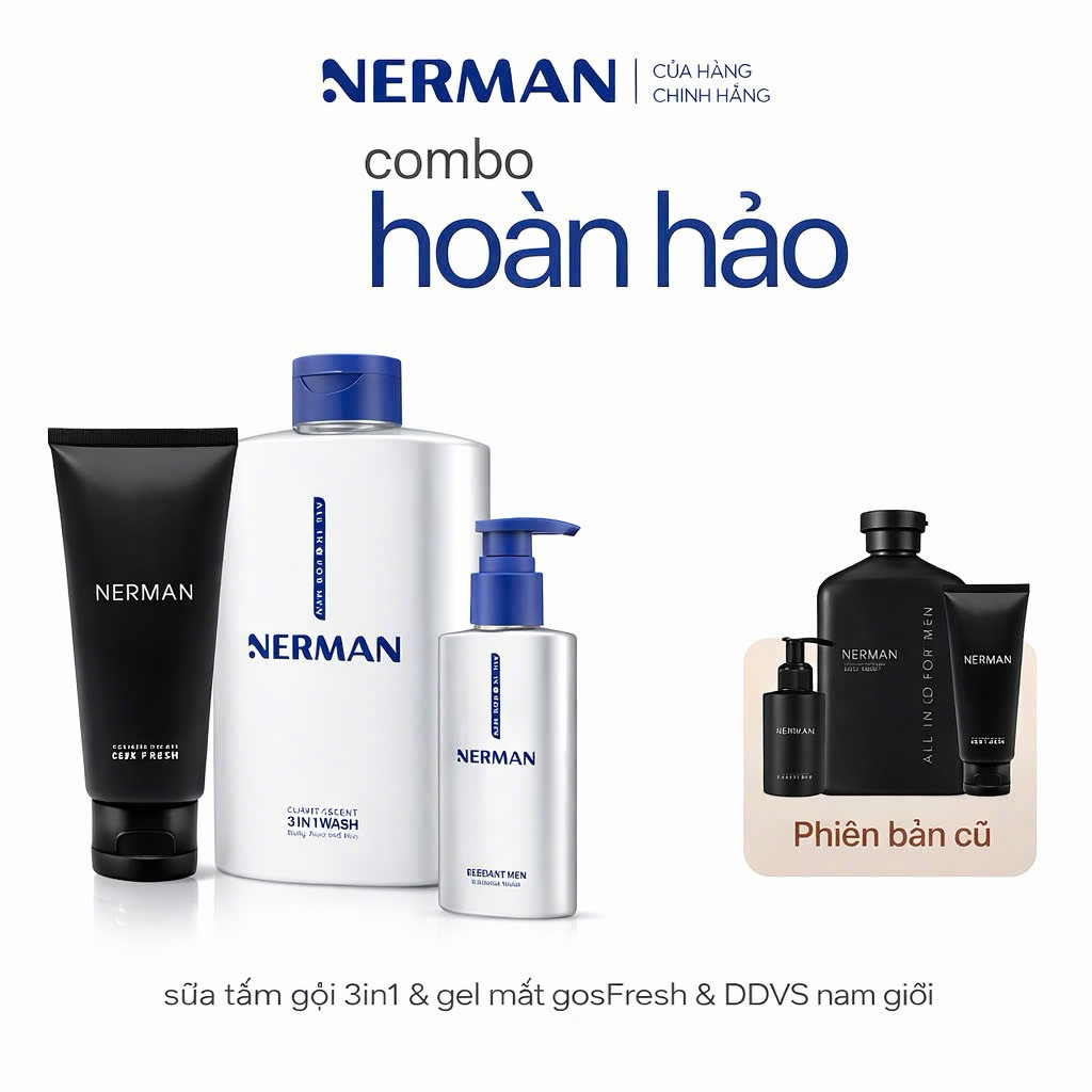 Combo Nerman Hoàn Hảo cho Nam: Sữa tắm gội 350ml, Gel rửa mặt Fresh 100ml & DDVS nam 100ml.