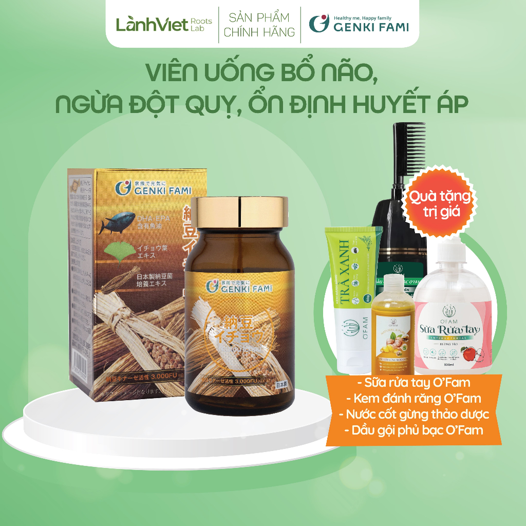 Viên Uống Hỗ Trợ Ngừa Đột Quỵ, Bổ Não, Nattokinase 3000FU Natto Ichou Genki Fami Nhật Bản - Hộp 90 V