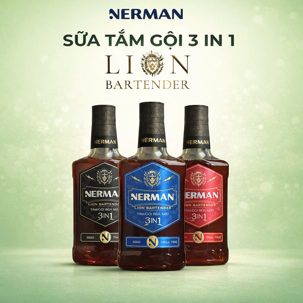 Sữa tắm gội rửa mặt 3in1 Nerman Lion Bartender 330g - Sữa tắm Lion