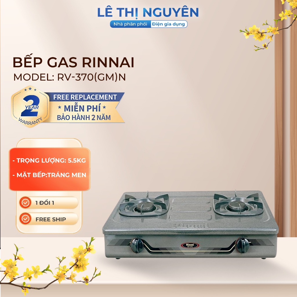 Bếp gas dương Rinnai RV-370(GM)N, 2 bếp, màu xám, kích thước 702x446x153mm