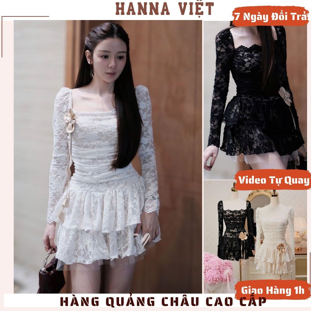 Váy Nữ Sang Chảnh, Váy Ren Nữ, Váy Ren Dài Tay Cổ Vuông Dáng Ngắn Chân Xòe Kèm Hoa Cao Cấp H11 Ms332
