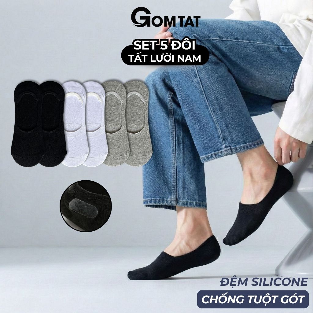 Set 5 đôi tất lười trơn nam GOMTAT, vớ lười nam có đệm cao su chống tuột gót - TAT-LUOI-02-CB5