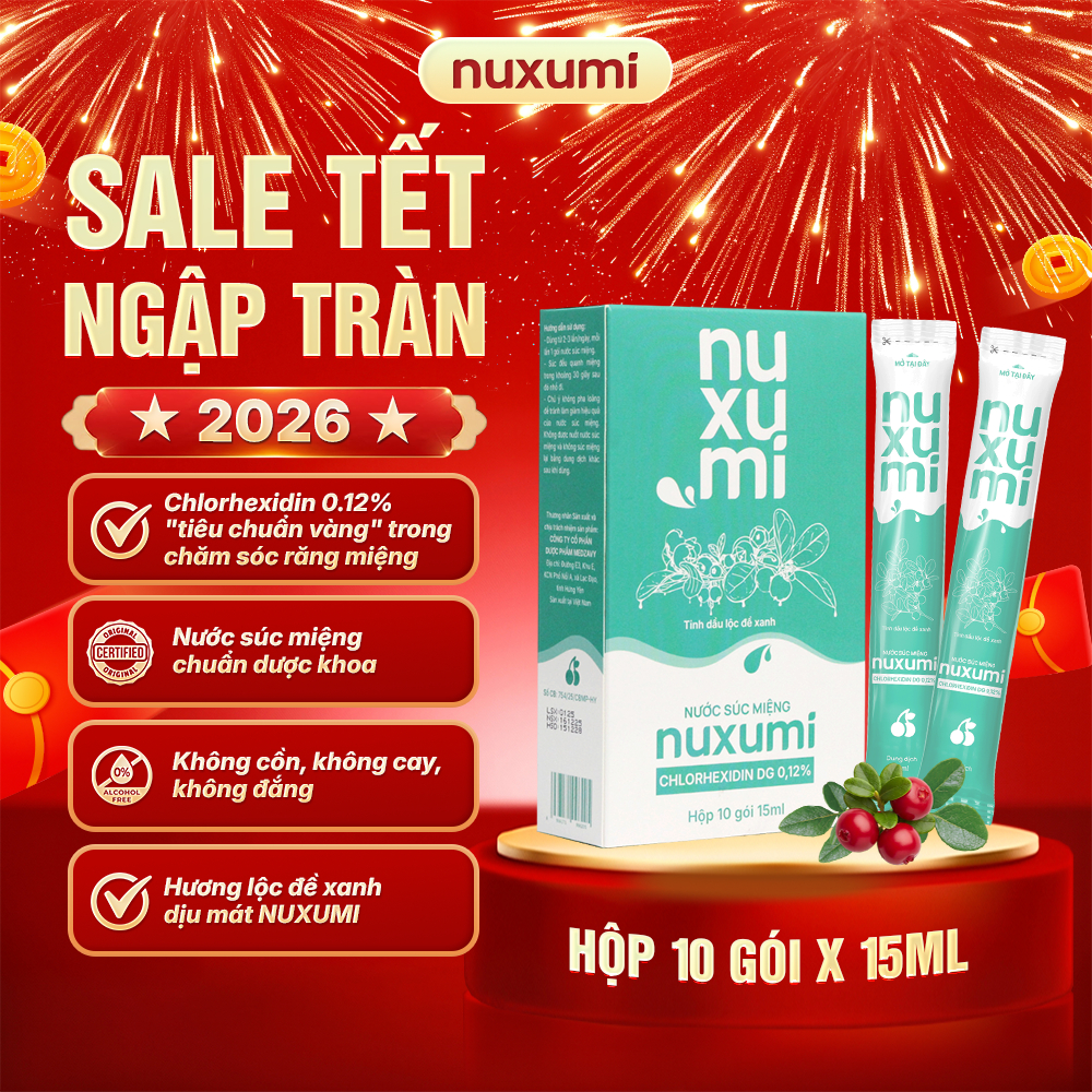 Nước Súc Miệng Chlorhexidin 0.12% NUXUMI | Không Cồn, Giảm Lây Cúm, Hôi Miệng | Hộp 10 Gói 15ml