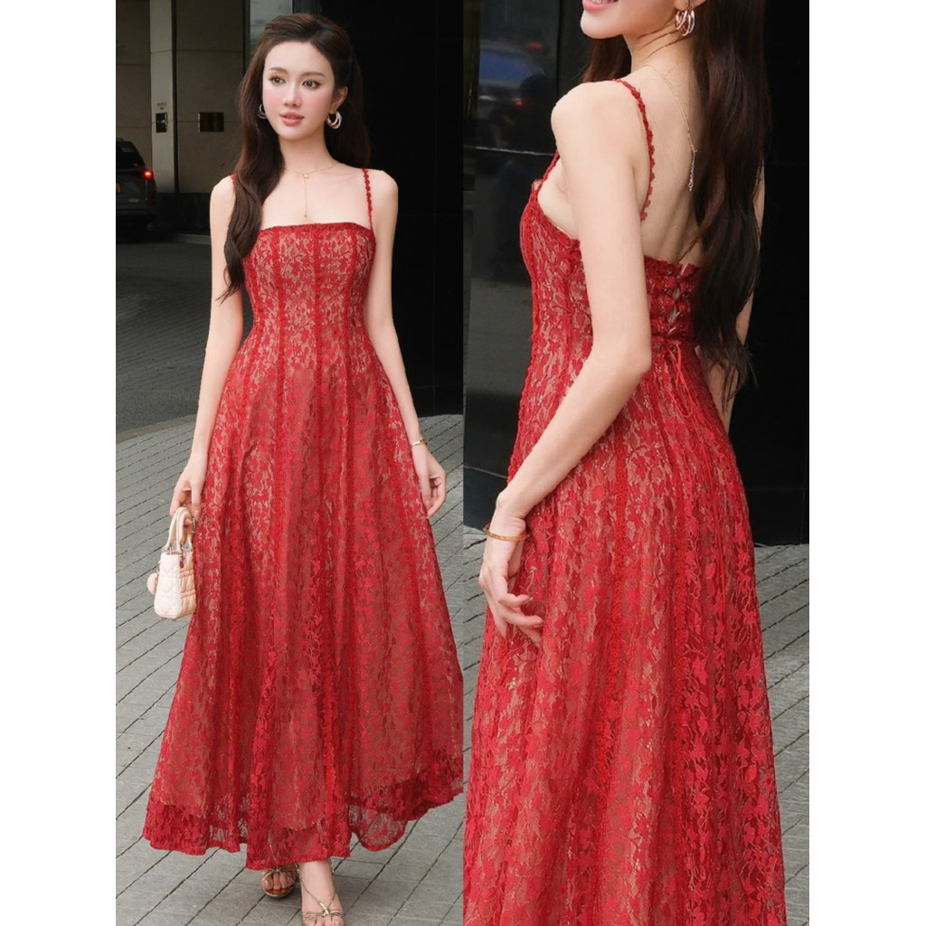 [MMUSE STORE] VIDEO - [SML] Đầm maxi ren đan lưng màu đỏ nổi bật sang trọng best seller Mmuse Store