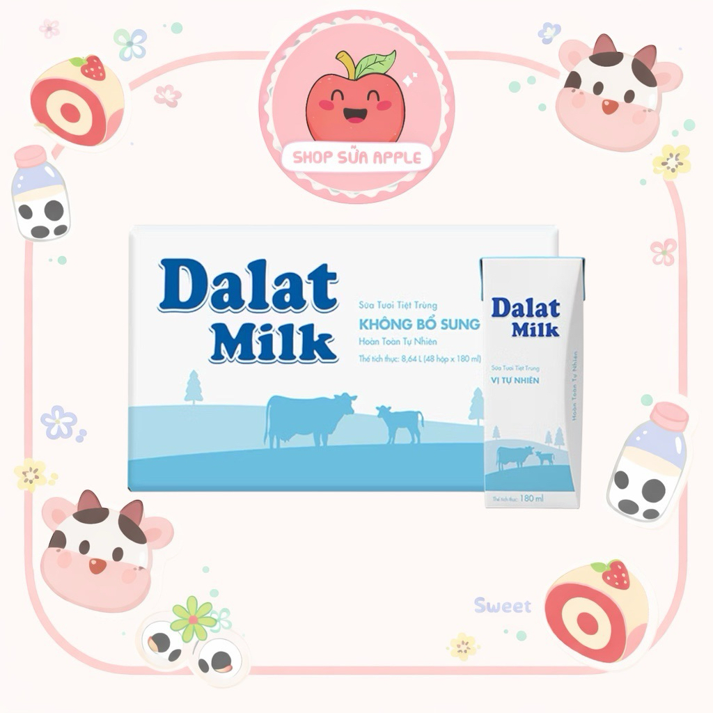 Thùng 48 hộp sữa tươi DALAT MILK tự nhiên/ Ít đường 180ml