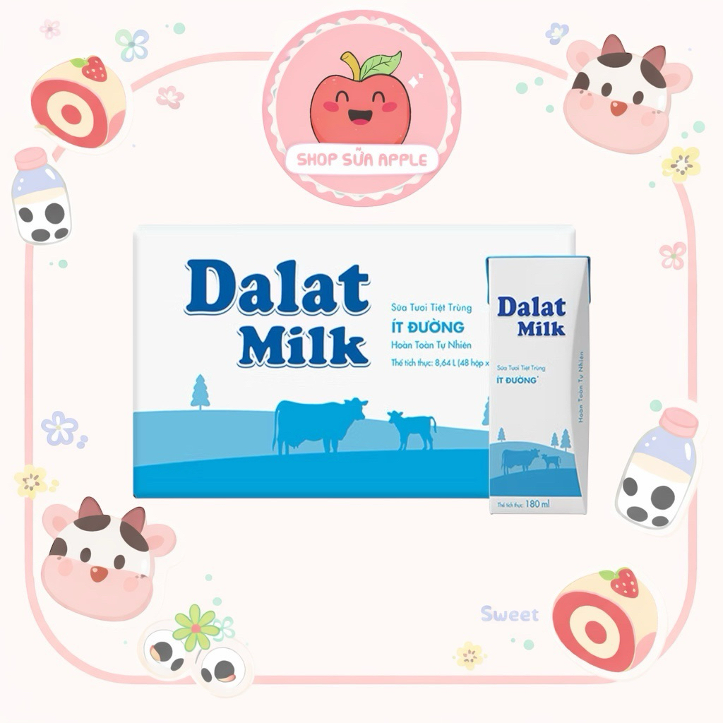 Thùng 48 hộp sữa tươi DALAT MILK tự nhiên/ Ít đường 180ml