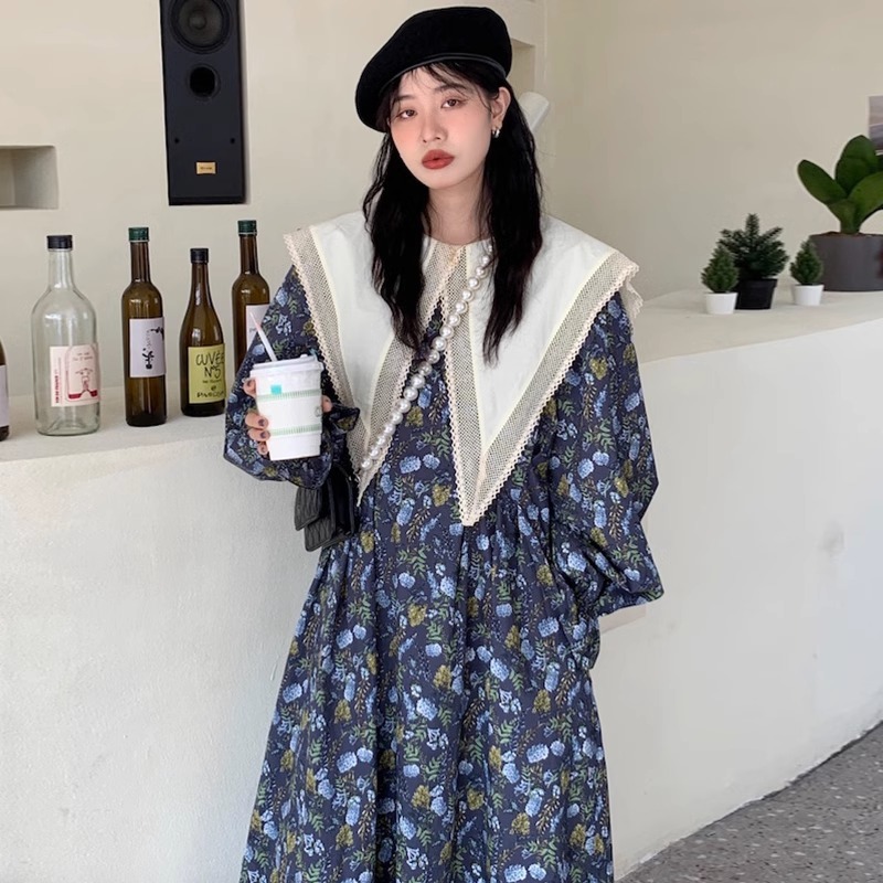 d26|Đầm dài in hoa phong cách Hàn Quốc sang trọng, cổ nhọn, viền ren, kiểu Pháp dành cho nữ gdorder