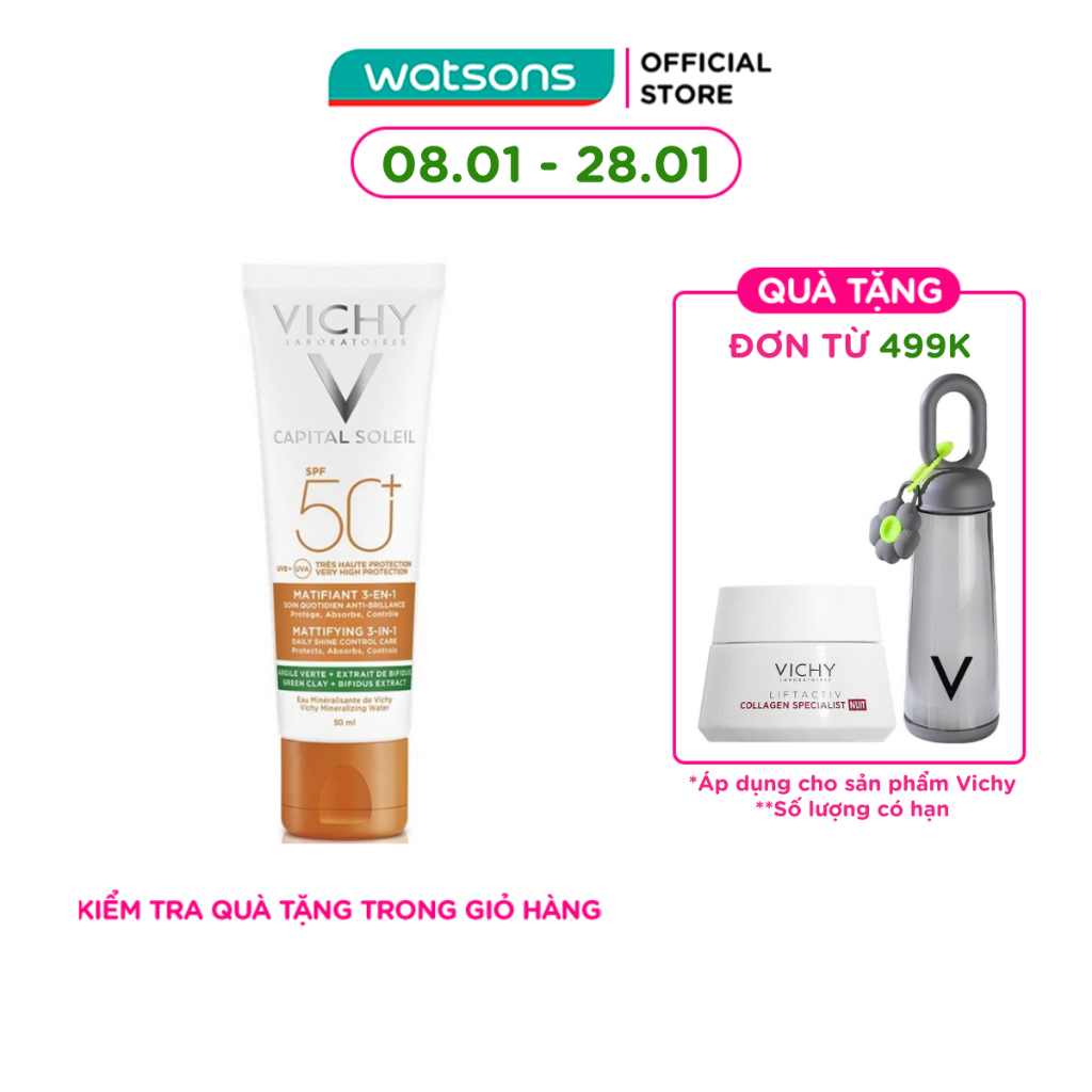 Kem Chống Nắng Vichy Capital Soleil SPF50+ UVB UVA Mattifying 3In1 Chống Ô Nhiễm & Bụi Hàng Ngày 50m