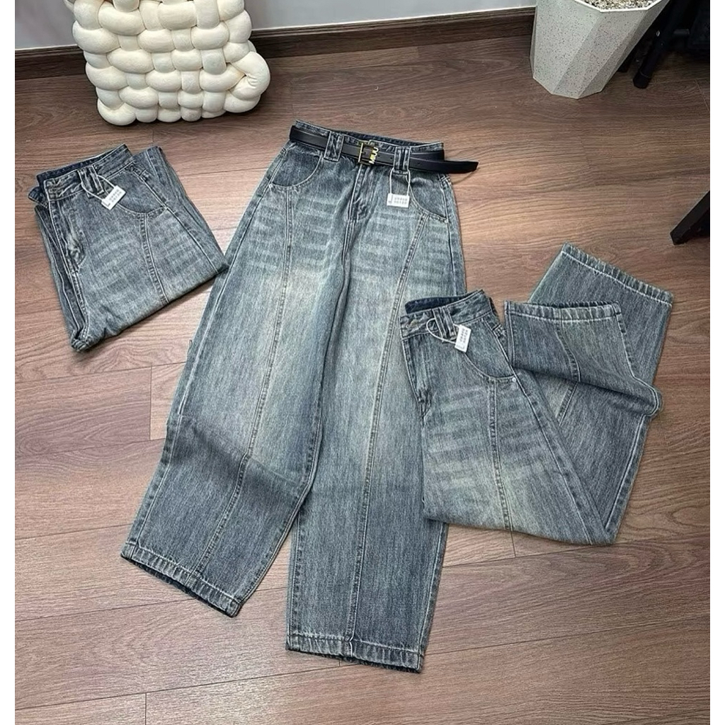 [S/M/L/XL/2XL-Dài 92cm]Quần Jean Baggy Thụng 92cm Phối Ly Dọc Trước Lưng Cao Tôn Dáng