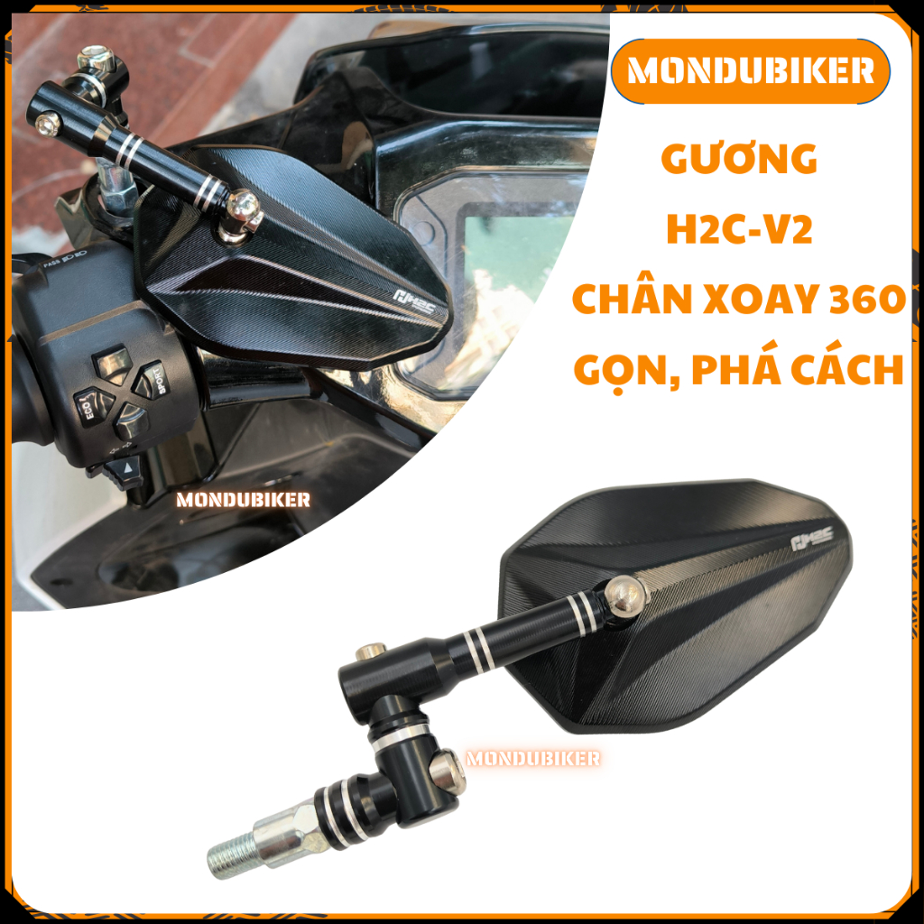 Gương Chiếu Hậu H2C V2 Xoay Gập 360 Gắn Xe Máy, Xe Điện Nhôm CNC