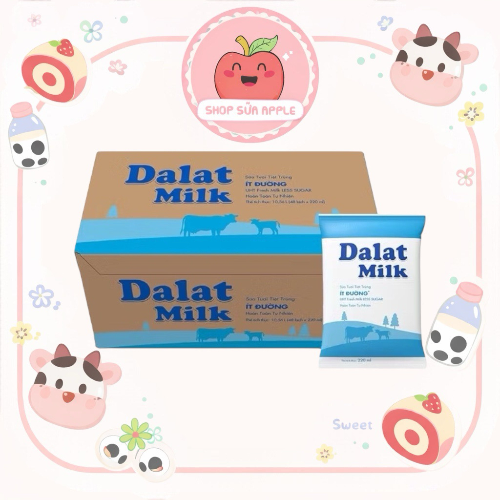Thùng 48 bịch sữa tươi DALAT MILK vị Không Đường / Ít Đường / Có Đường 220ml