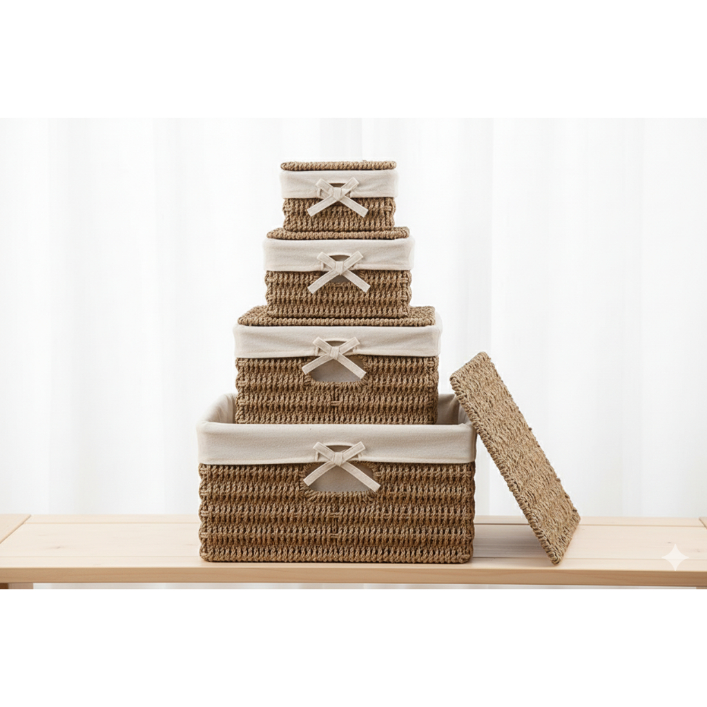 Hộp/Giỏ đựng đồ đan thủ công bằng cói tự nhiên thiết kế theo yêu cầu EcoGreen_Store H20