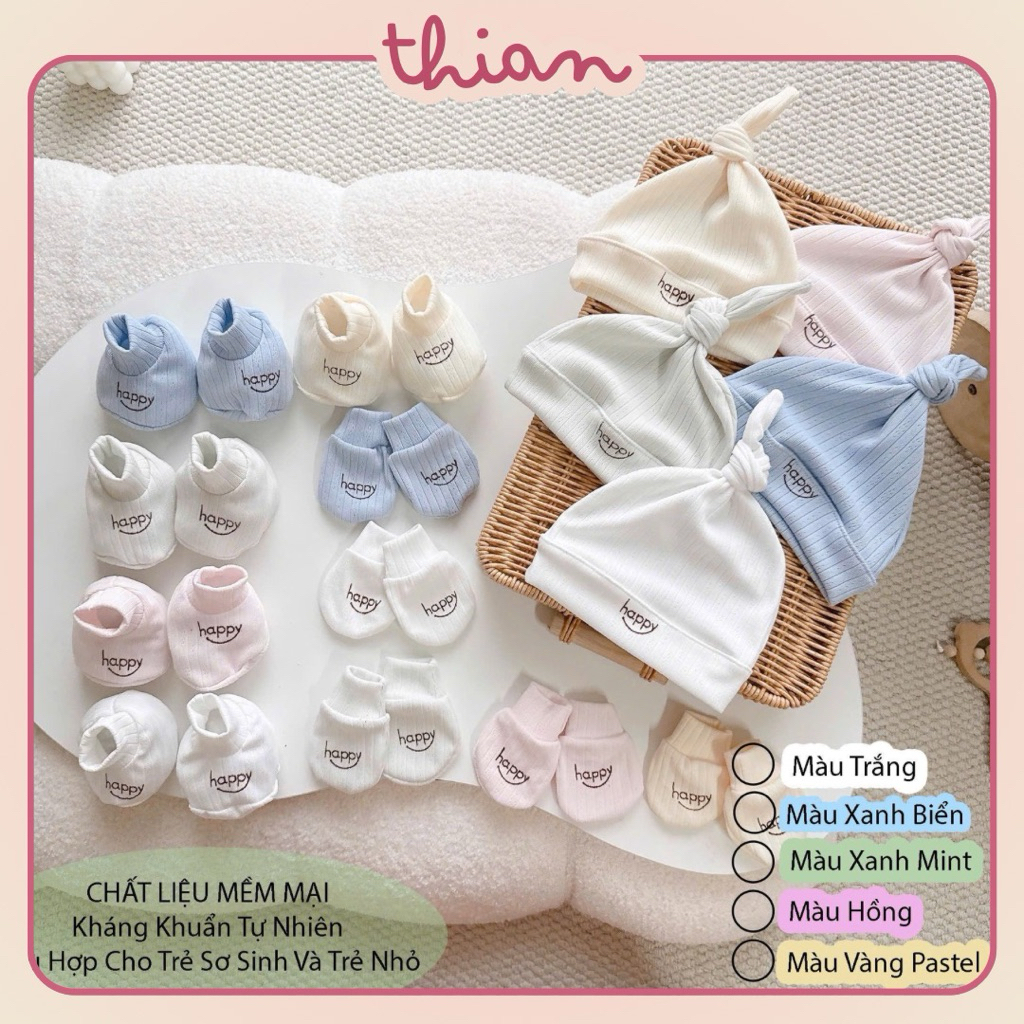 Set Mũ Củ Tỏi Bao Tay Bao Chân Cho Bé Vải Thun Tăm Happy Thông Hơi Mềm Mại Kháng Khuẩn, Nón Cho Bé Sơ Sinh